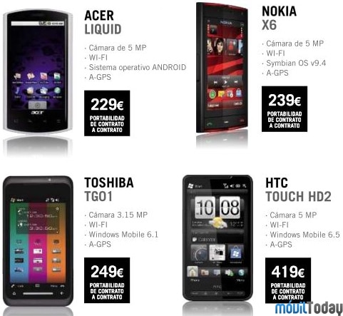 Tosgiba TG01, Nokia X6, HTC HD2, Acer Liquid con Yoigo y smol