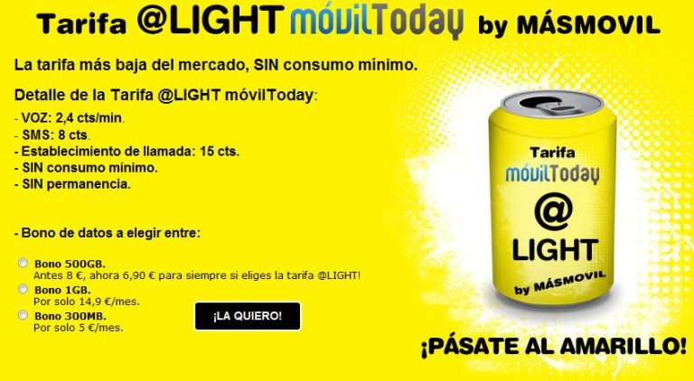 móvilToday y MÁSmovil lanzan la tarifa @LIGHT a 2,4 cént/min con Internet desde 5€/mes